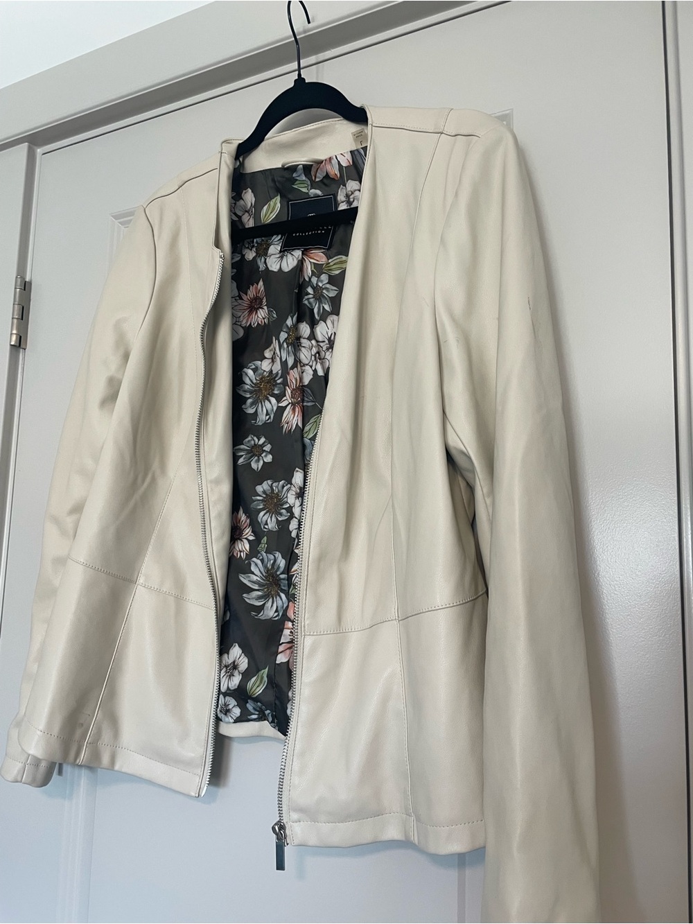 bagatelle Cream Faux Leather Zip-Front Jacket with Floral Lining
